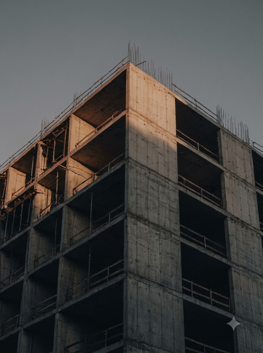 Concrete frame of a multi-storey building under construction, lit by late afternoon sun