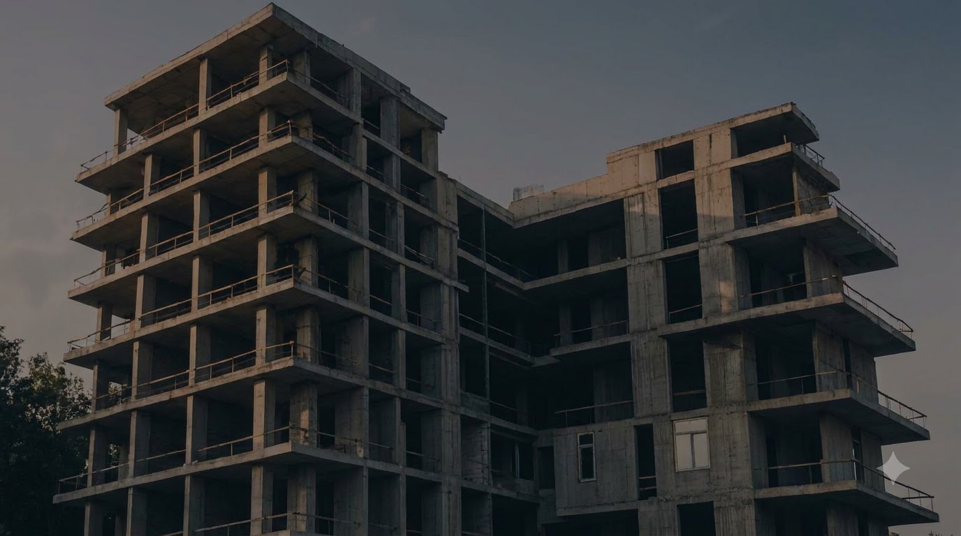 Concrete structure of a residential building at dusk