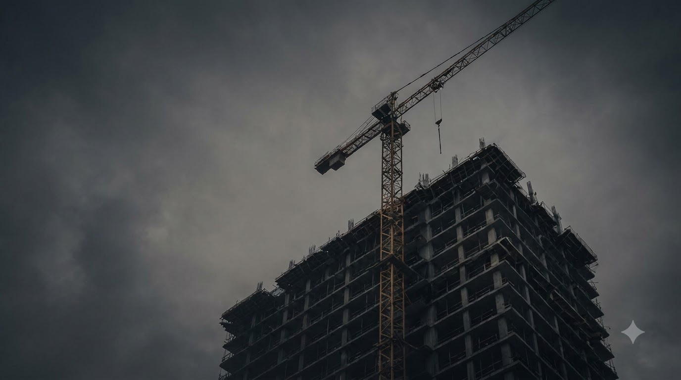 Tower crane above a high-rise under construction against a stormy sky